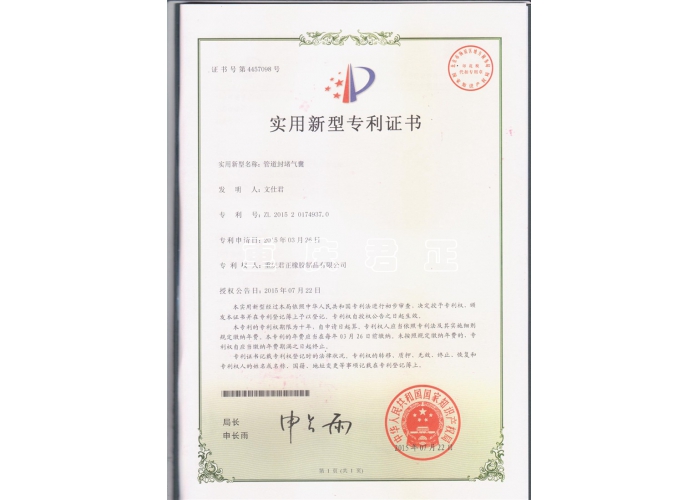 管道封堵氣囊專利證書