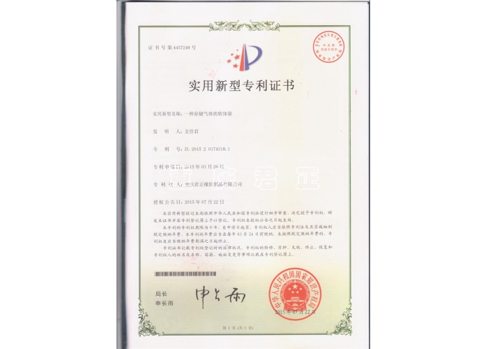 一種存儲氣體的軟體袋專利證書